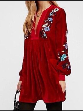 Free People Red Velvet Embroidered Long-Sleeve Tunic Dress